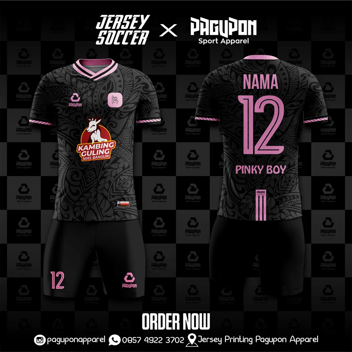 Jersey komunitas dan kantor custom Kambing Guling Mas Bangor Hitam, warna hitam pink, kerah V-Neck, tampak depan dan belakang