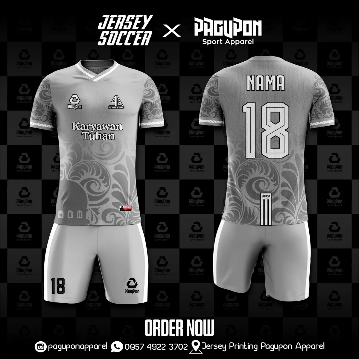 Jersey komunitas dan kantor custom Karyawan Tuhan Abu-abu, warna abu-abu putih, kerah V-Neck, tampak depan dan belakang