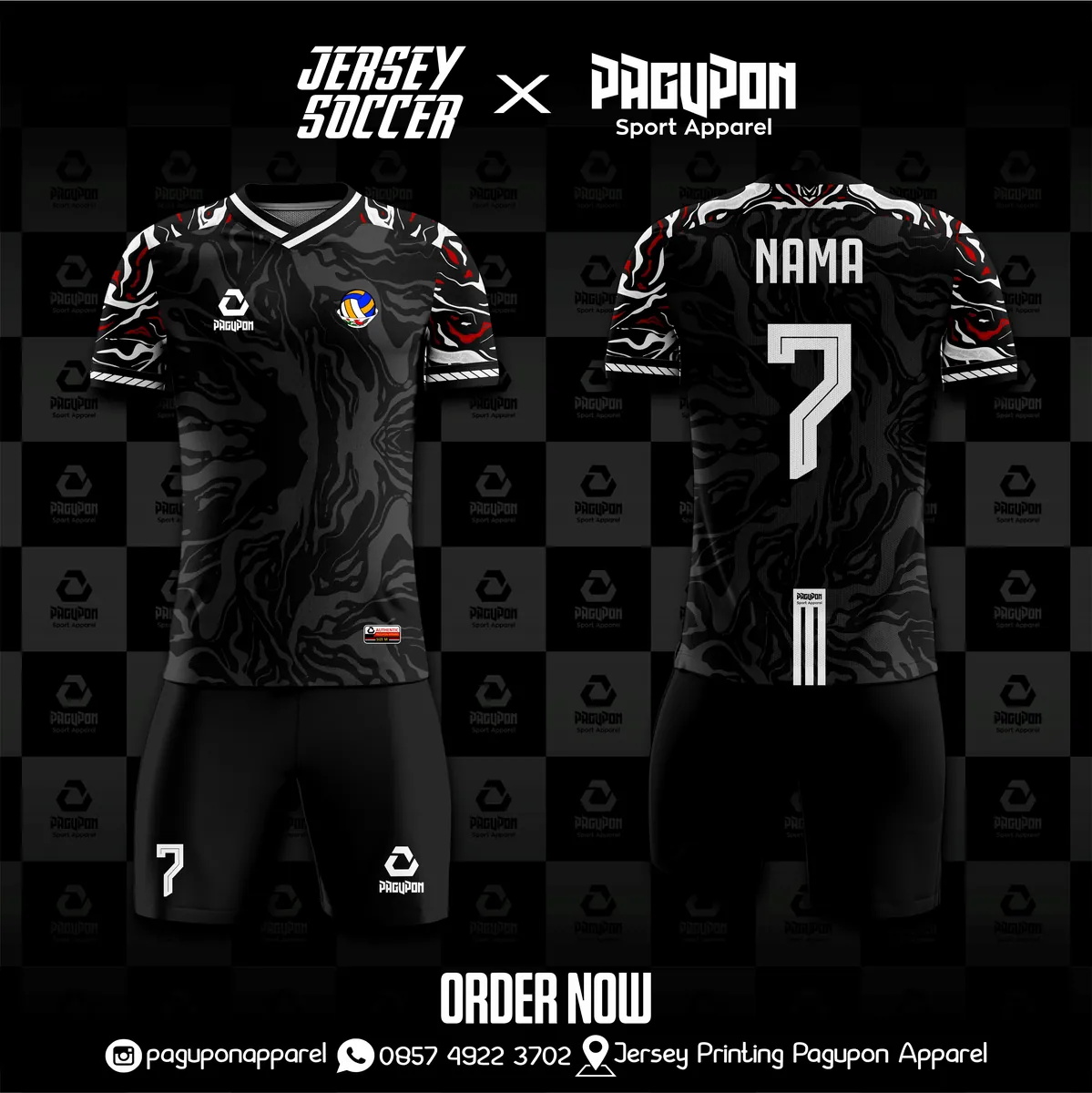 Jersey komunitas dan kantor custom KPP Boyolali Hitam, warna hitam merah, kerah V-Neck, tampak depan dan belakang