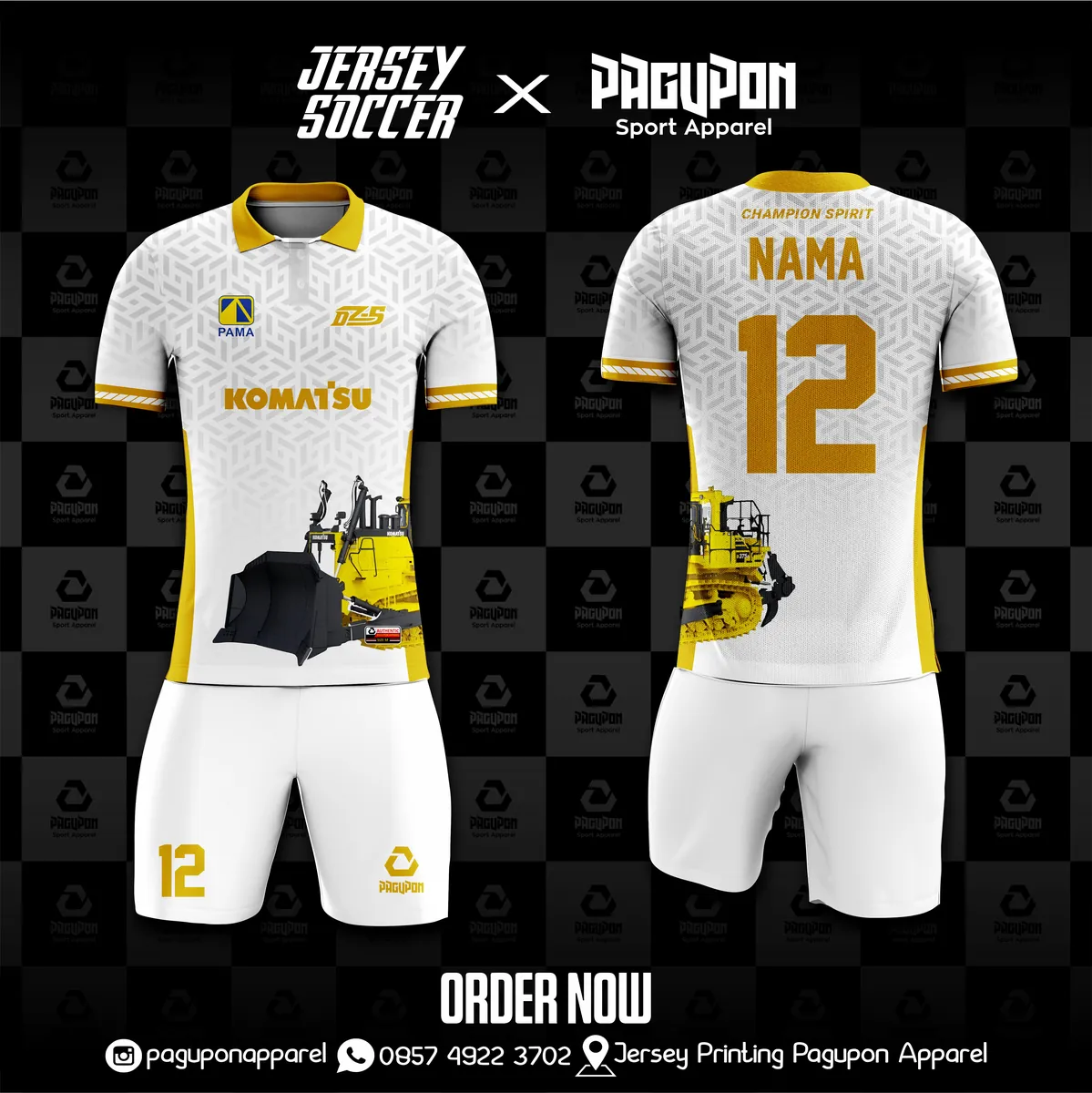 Jersey komunitas dan kantor custom DZ-5 Putih, warna putih emas, kerah Polo, tampak depan dan belakang