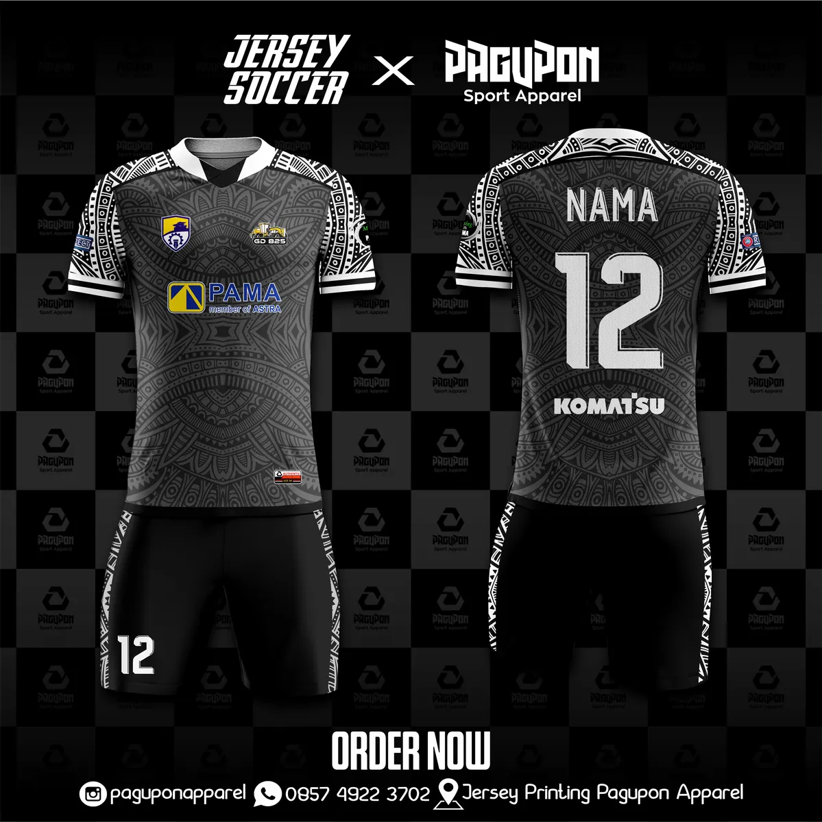 Jersey komunitas dan kantor custom Tribal Hitam, warna hitam abu-abu, kerah Polo, tampak depan dan belakang