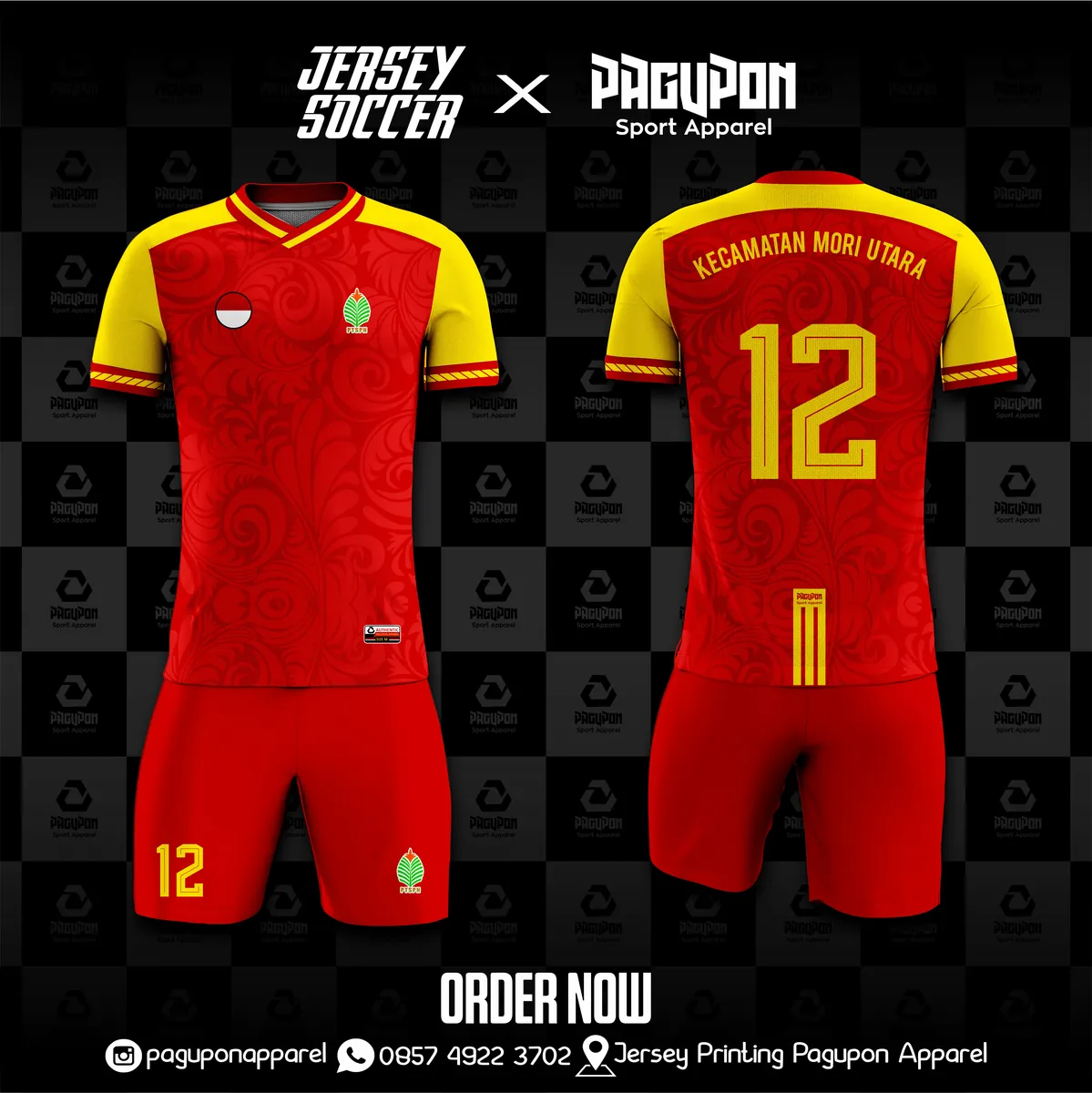 Jersey komunitas dan kantor custom Kecamatan Mori Utara Kuning, warna kuning merah, kerah V-Neck, tampak depan dan belakang, varian 2