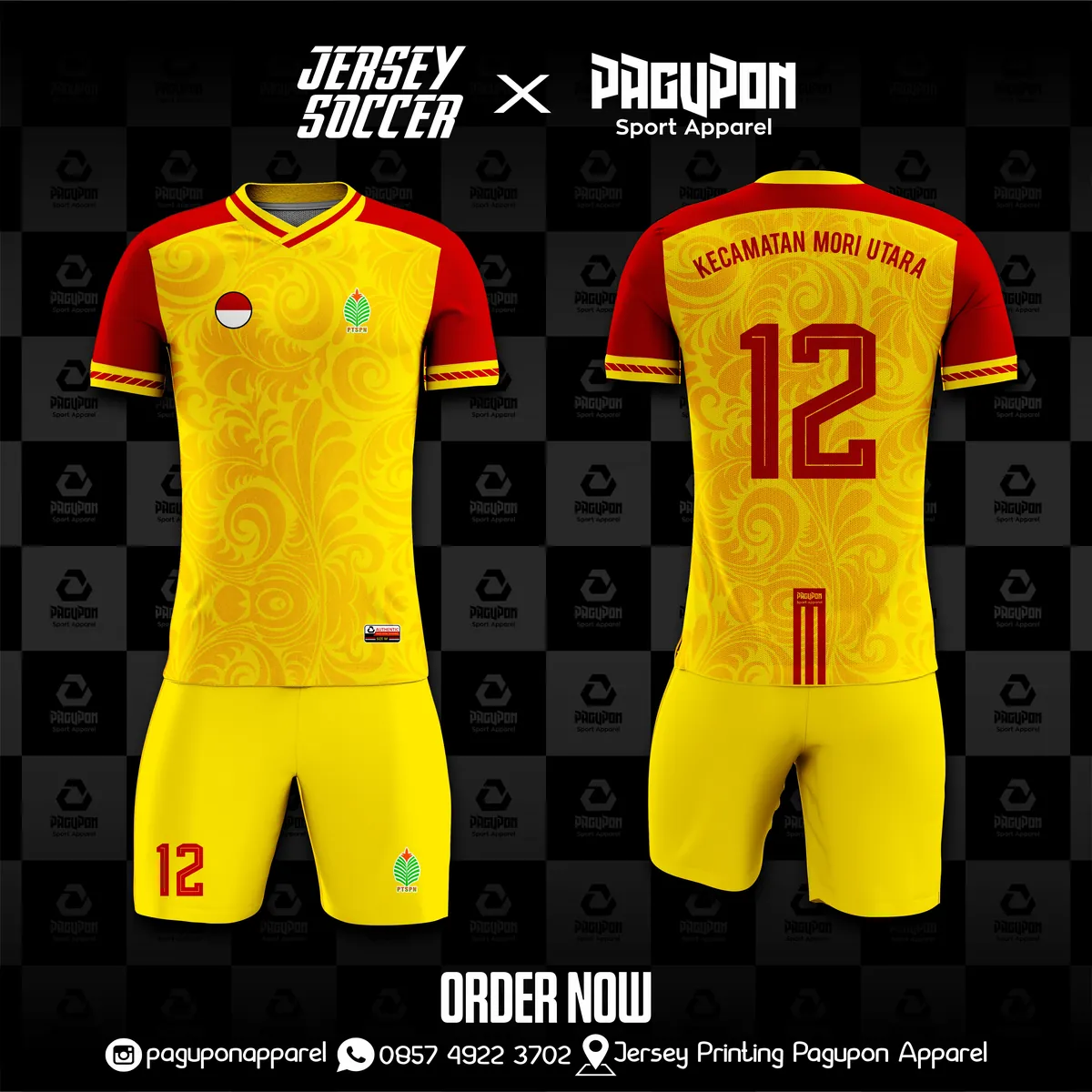 Jersey komunitas dan kantor custom Kecamatan Mori Utara Kuning, warna kuning merah, kerah V-Neck, tampak depan dan belakang