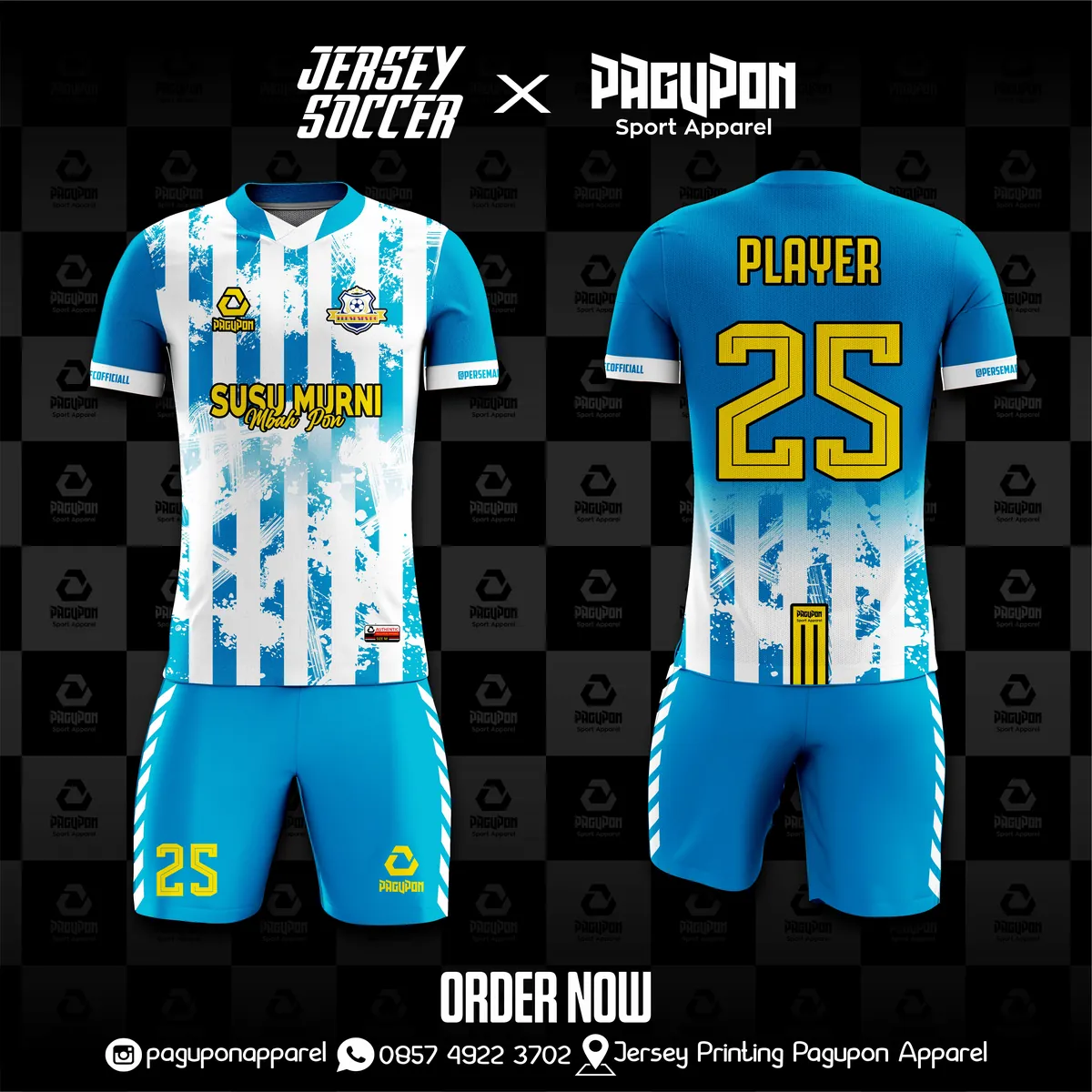 Jersey komunitas dan kantor custom Susu Murni Biru Muda, warna biru muda putih kuning, kerah V-Neck, tampak depan dan belakang