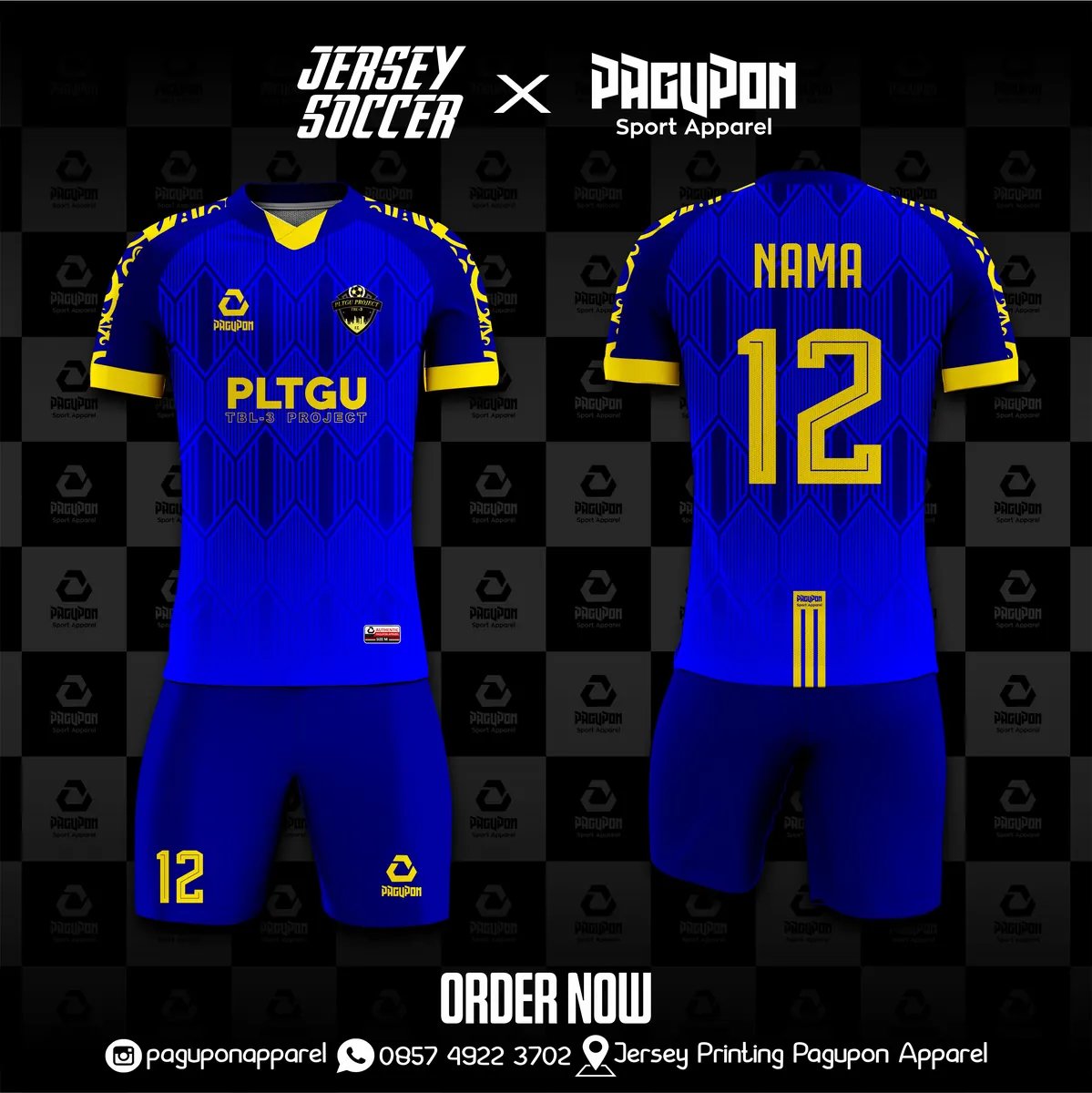 Jersey komunitas dan kantor custom PLTGU Biru, warna biru kuning, kerah V-Neck, tampak depan dan belakang