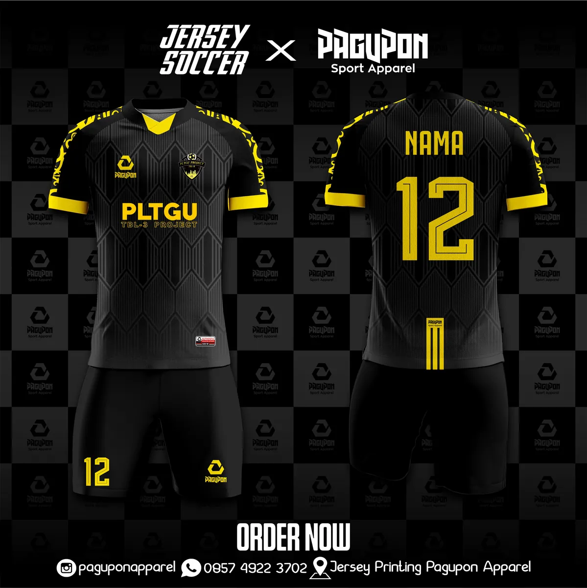Jersey komunitas dan kantor custom PLTGU Maroon, warna maroon kuning, kerah V-Neck, tampak depan dan belakang, varian 2
