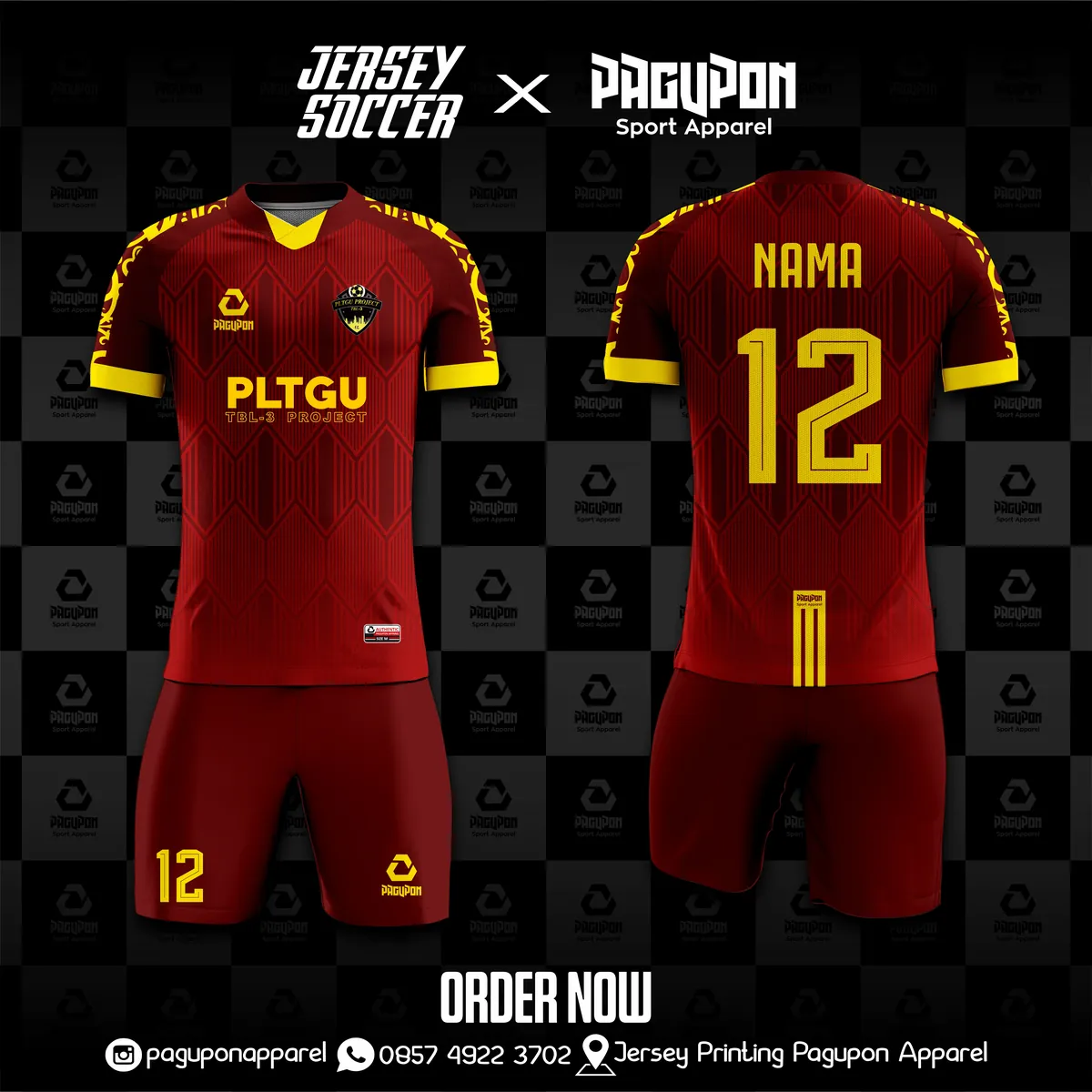 Jersey komunitas dan kantor custom PLTGU Maroon, warna maroon kuning, kerah V-Neck, tampak depan dan belakang