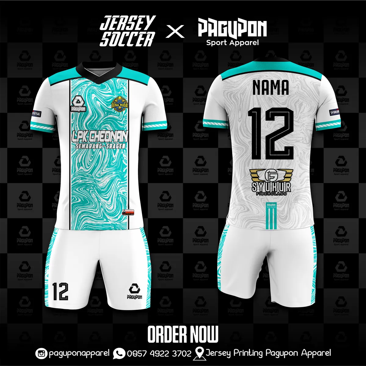 Jersey komunitas dan kantor custom LPK Cheonan Putih, warna putih tosca, kerah V-Neck, tampak depan dan belakang