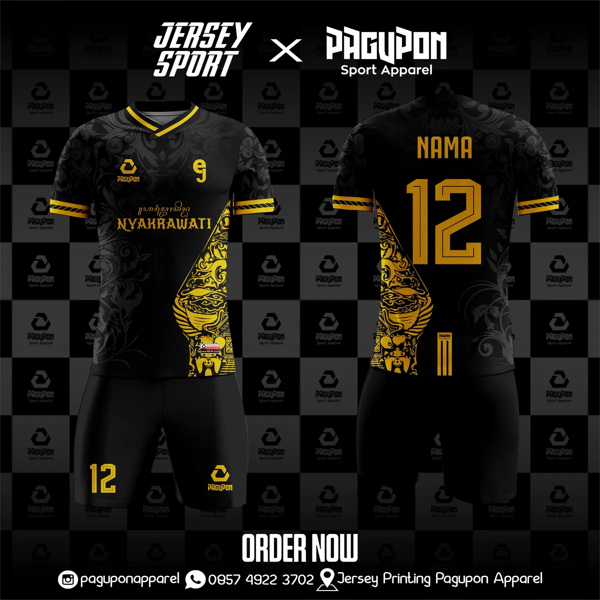 Jersey sepak bola custom Nyakrawati Hitam, warna hitam emas, kerah V-Neck, tampak depan dan belakang