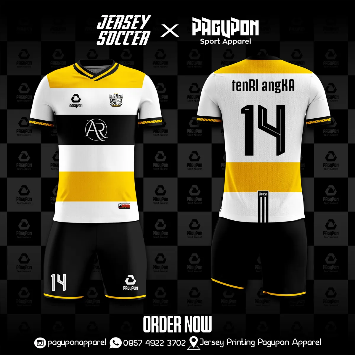 Jersey sepak bola custom AR Putih, warna putih kuning hitam, kerah V-Neck, tampak depan dan belakang