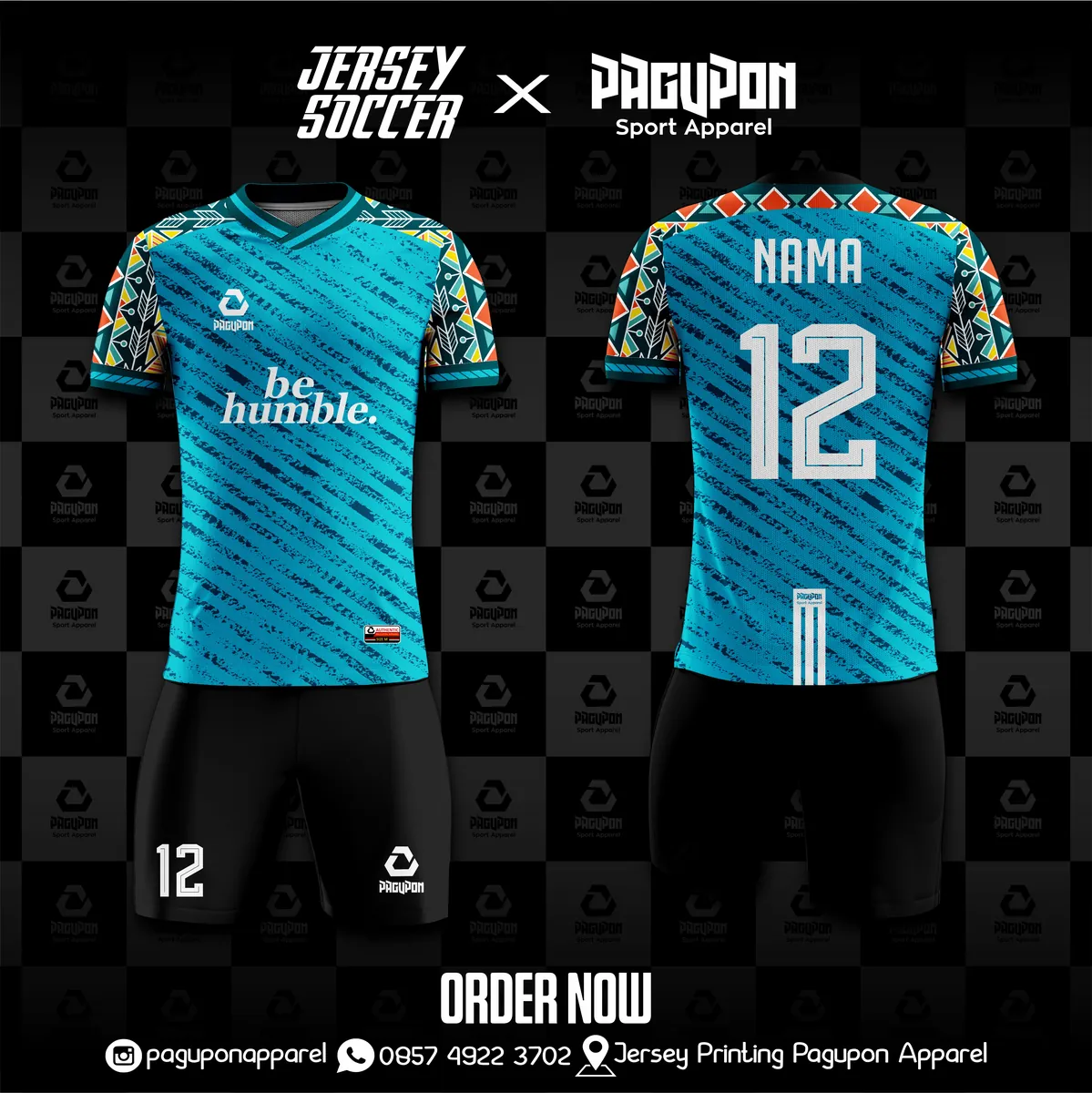 Jersey sepak bola custom Be Humble Tosca, warna tosca hitam, kerah V-Neck, tampak depan dan belakang