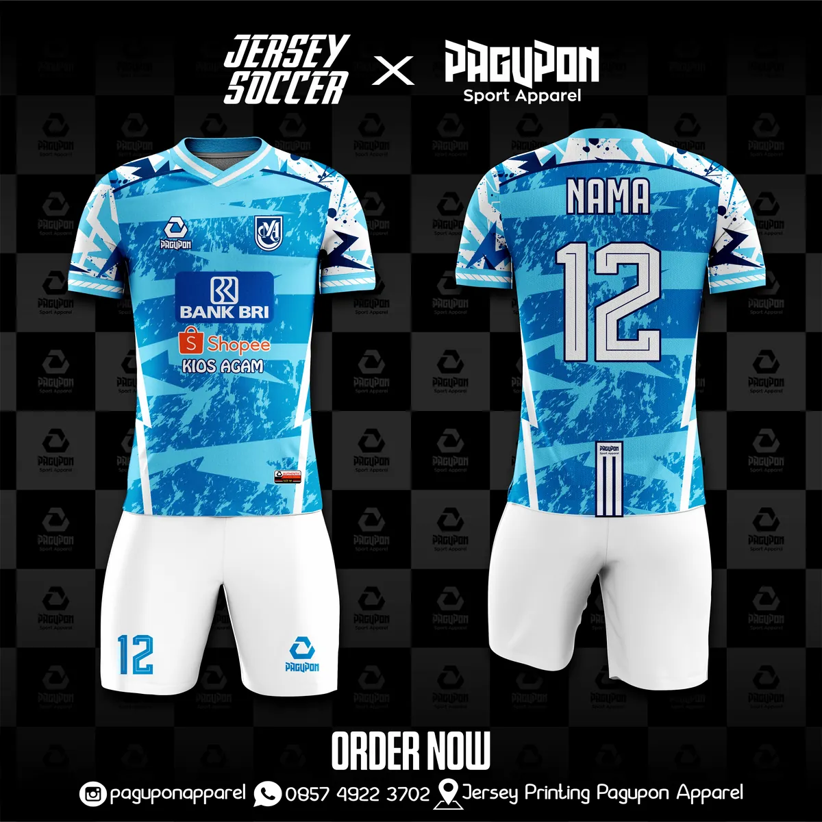 Jersey sepak bola custom Kios Agam Biru Muda, warna biru muda putih, kerah V-Neck, tampak depan dan belakang