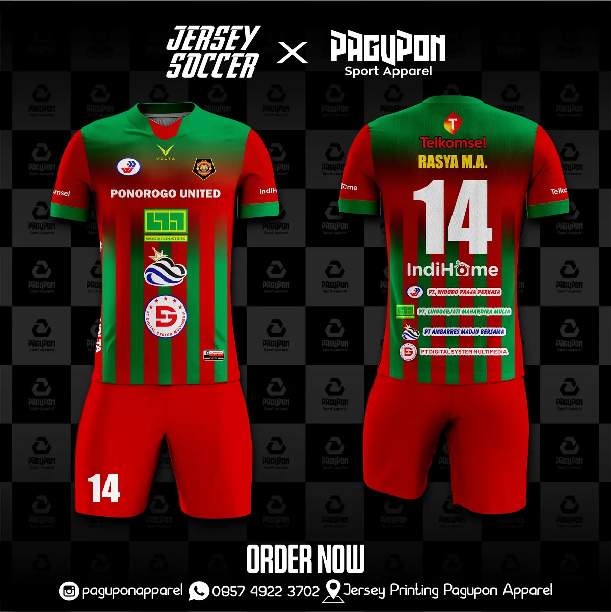 Jersey sepak bola custom Ponorogo United Hijau, warna hijau hitam, kerah V-Neck, tampak depan dan belakang, varian 2