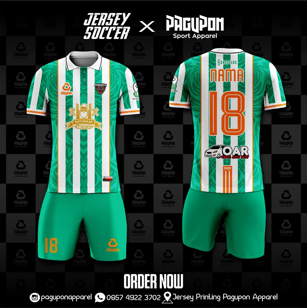 Jersey sepak bola custom Stripe Zebra Hitam, warna hitam putih oranye, kerah Polo, tampak depan dan belakang, varian 2