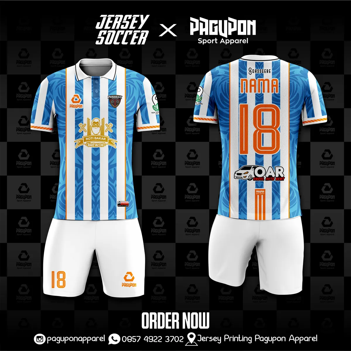 Jersey sepak bola custom Stripe Zebra Hitam, warna hitam putih oranye, kerah Polo, tampak depan dan belakang, varian 3