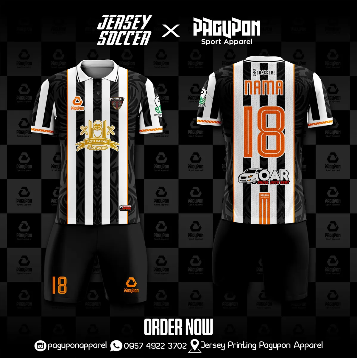 Jersey sepak bola custom Stripe Zebra Hitam, warna hitam putih oranye, kerah Polo, tampak depan dan belakang