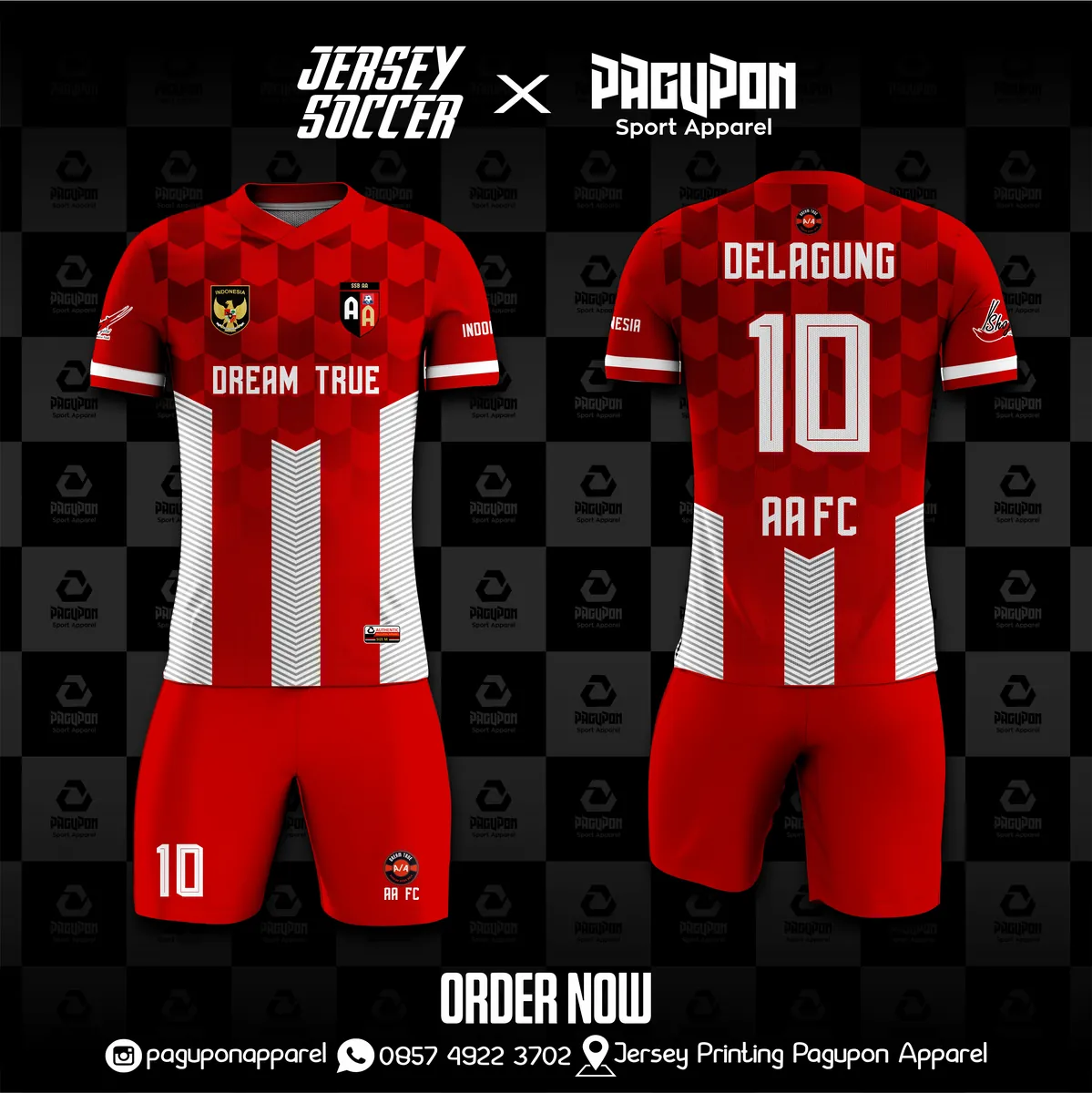 Jersey sepak bola custom AA FC Merah, warna merah putih, kerah V-Neck, tampak depan dan belakang