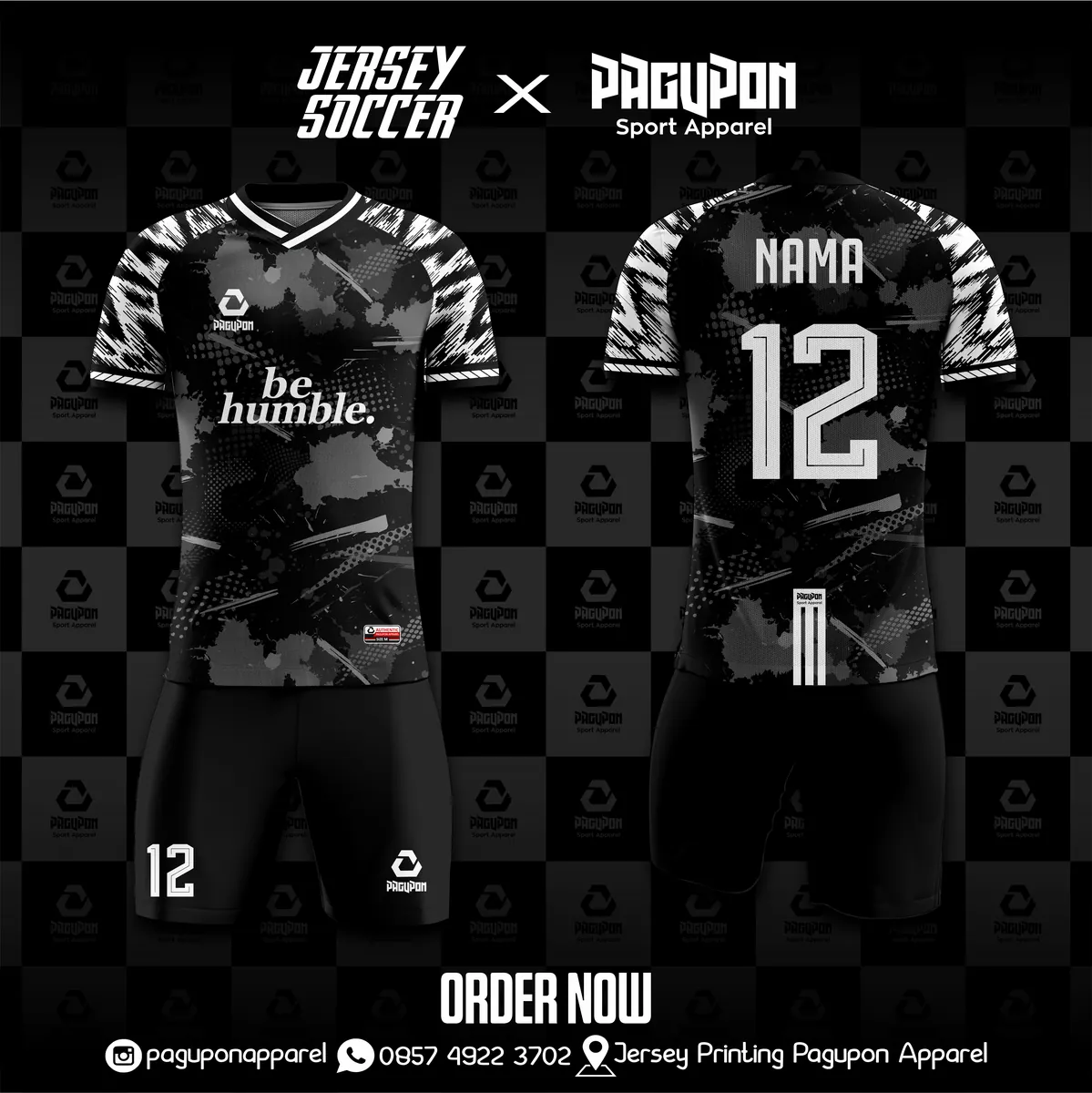 Jersey sepak bola custom Be Humble Camo Hitam, warna hitam abu-abu, kerah V-Neck, tampak depan dan belakang