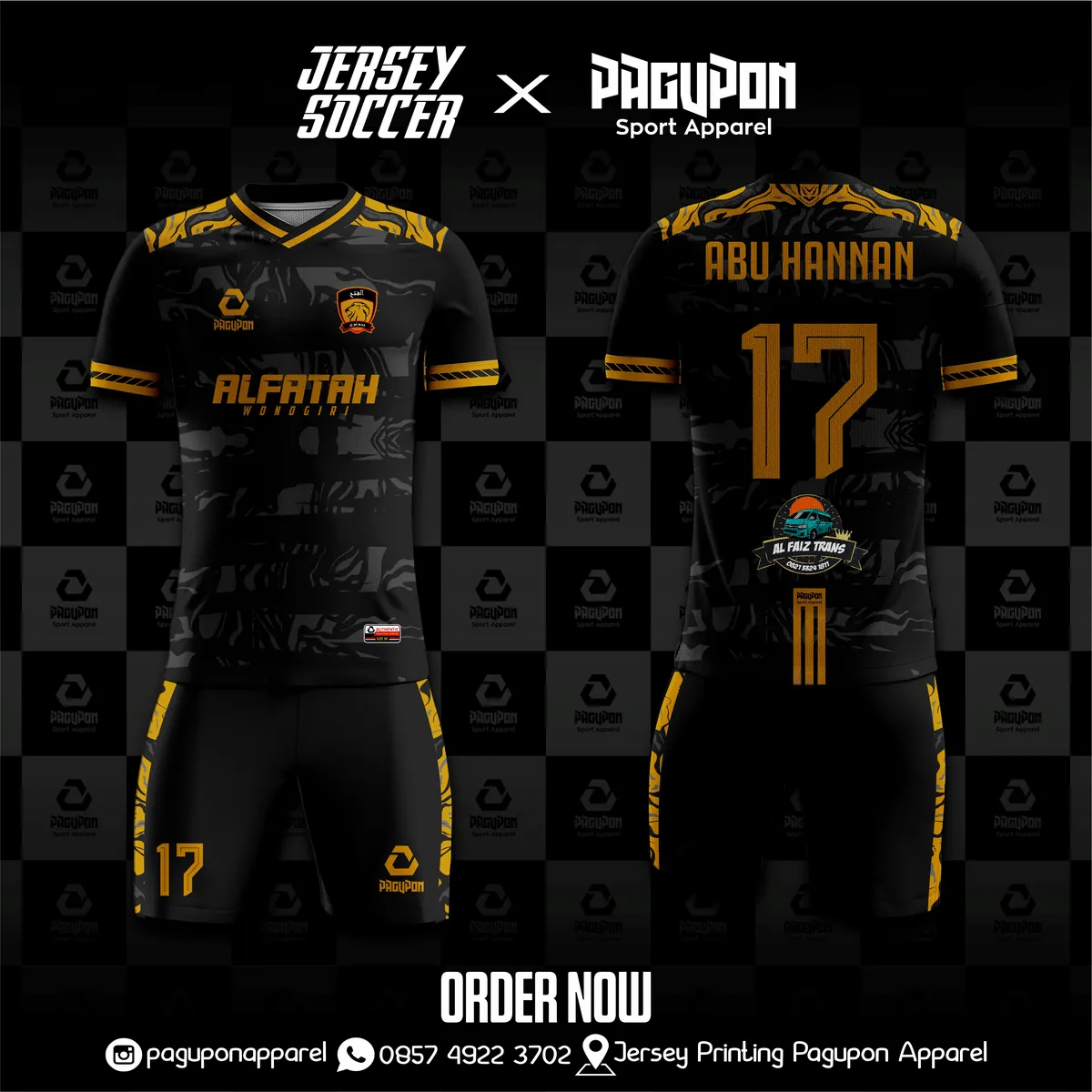 Jersey sepak bola custom Alfatah Hitam, warna hitam emas, kerah V-Neck, tampak depan dan belakang