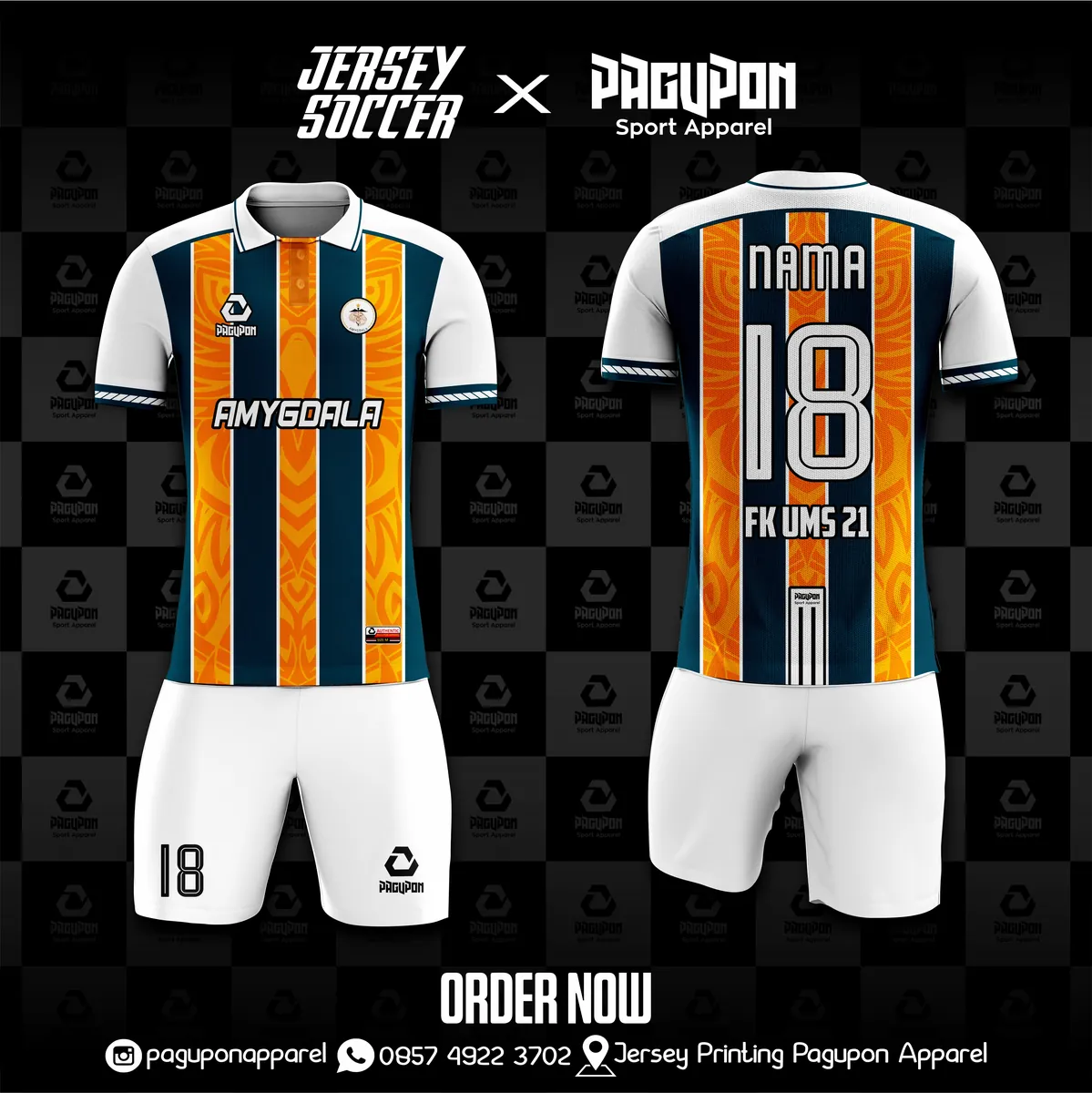 Jersey sepak bola custom Amygdala Merah, warna merah hitam, kerah Polo, tampak depan dan belakang, varian 2