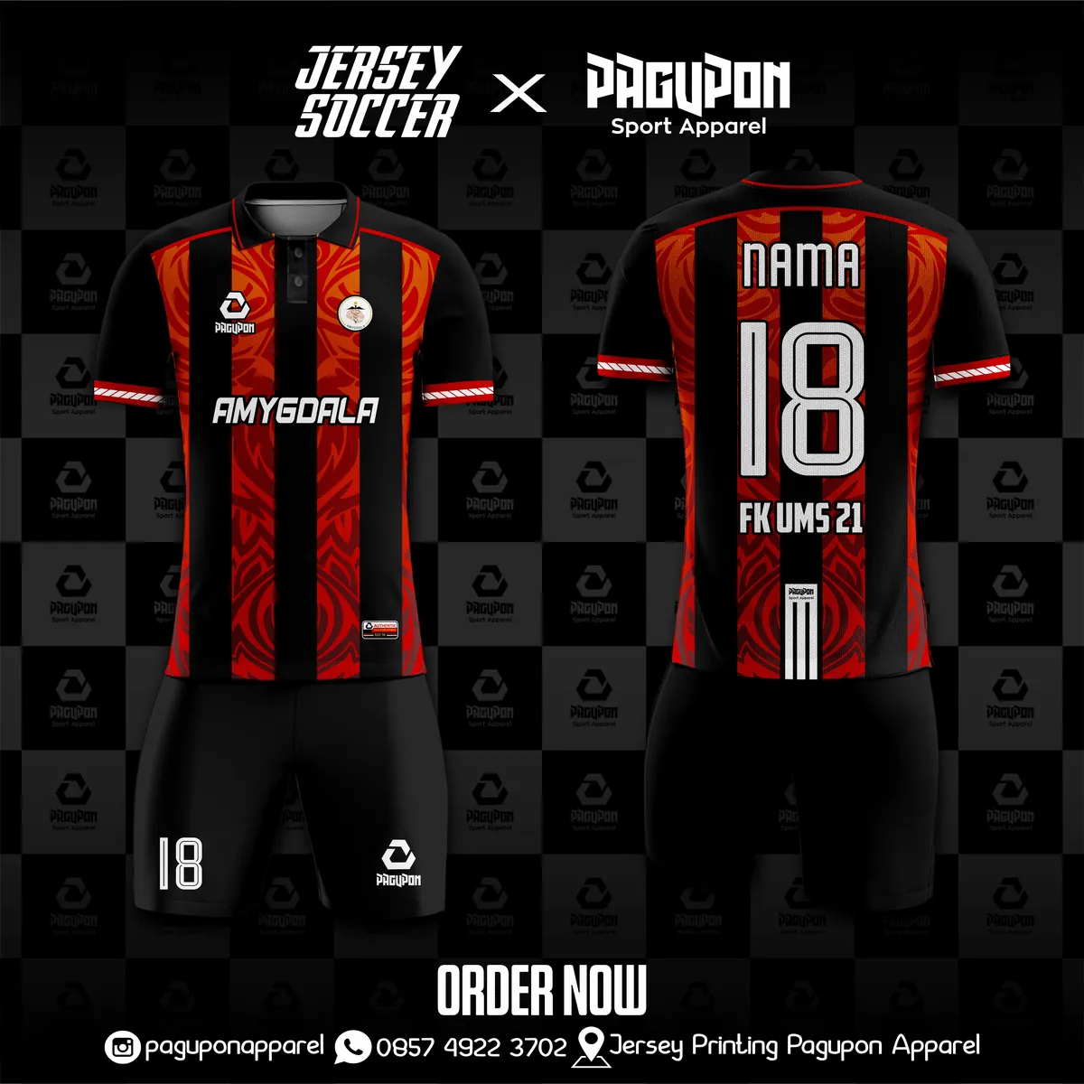 Jersey sepak bola custom Amygdala Merah, warna merah hitam, kerah Polo, tampak depan dan belakang