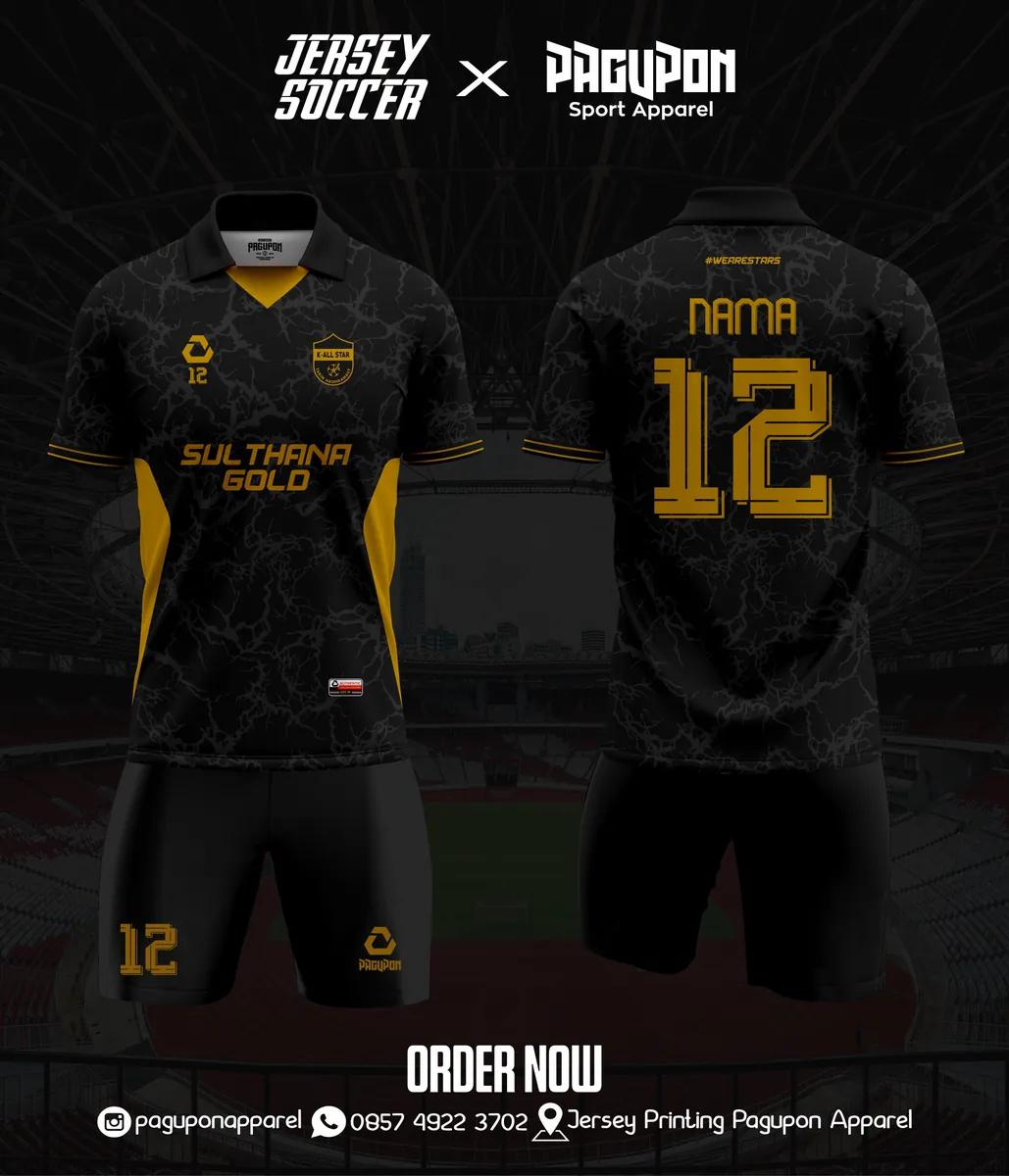 Jersey sepak bola custom Sulthana Gold Hitam, warna hitam emas, kerah Polo, tampak depan dan belakang