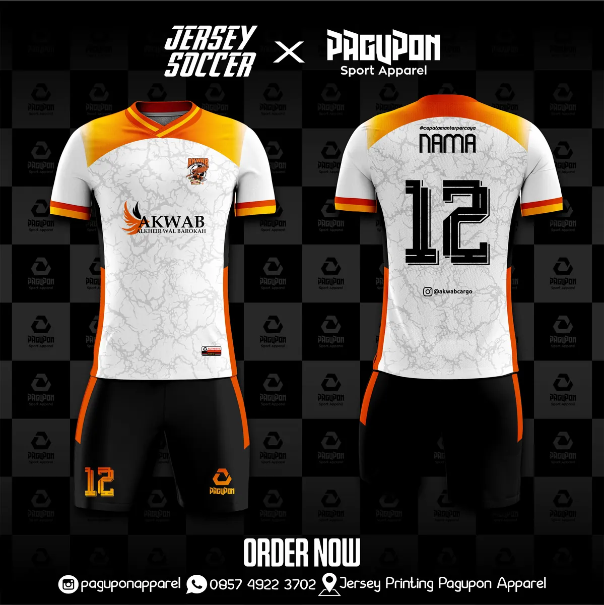 Jersey sepak bola custom Akwab Putih, warna putih oranye, kerah V-Neck, tampak depan dan belakang