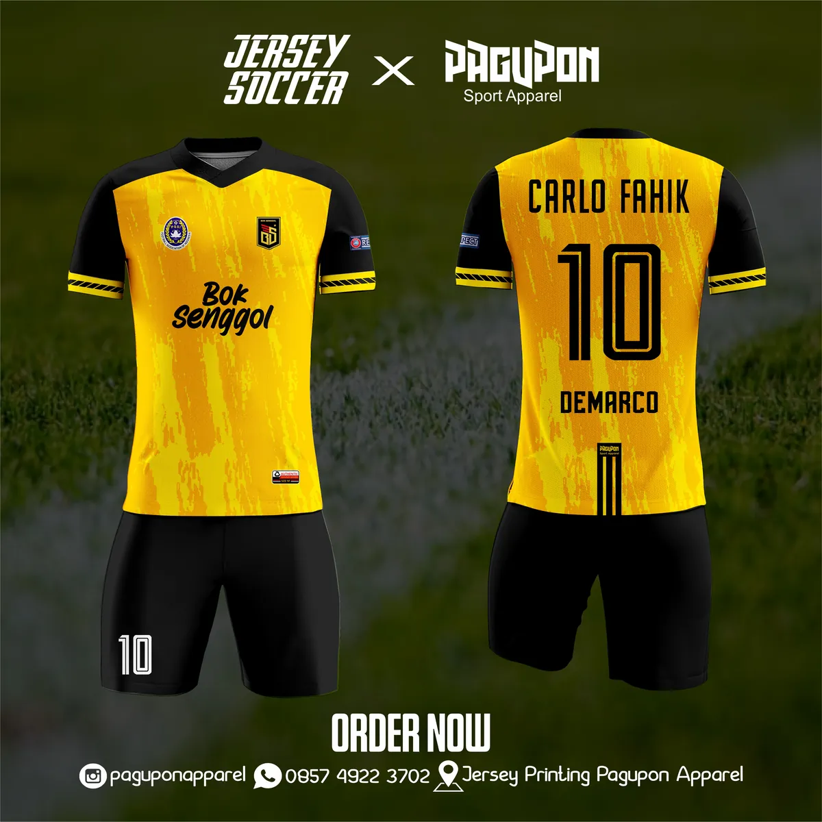Jersey sepak bola custom Bahateu FC Putih, warna putih biru oranye, kerah O-Neck, tampak depan dan belakang, varian 2