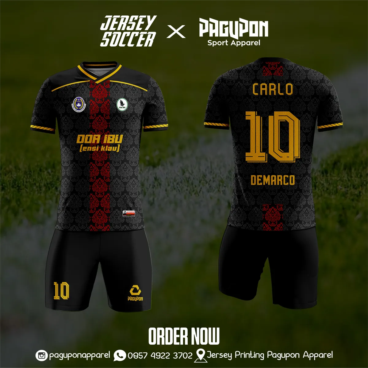 Jersey sepak bola custom Bahateu FC Putih, warna putih biru oranye, kerah O-Neck, tampak depan dan belakang, varian 3