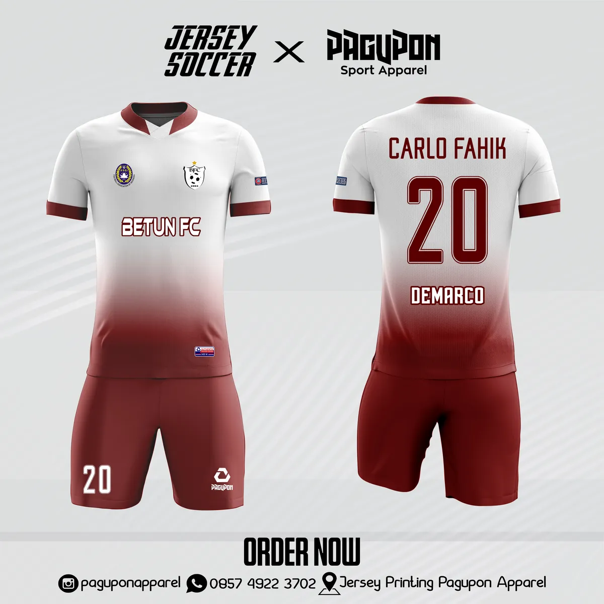 Jersey sepak bola custom Bahateu FC Putih, warna putih biru oranye, kerah O-Neck, tampak depan dan belakang, varian 4