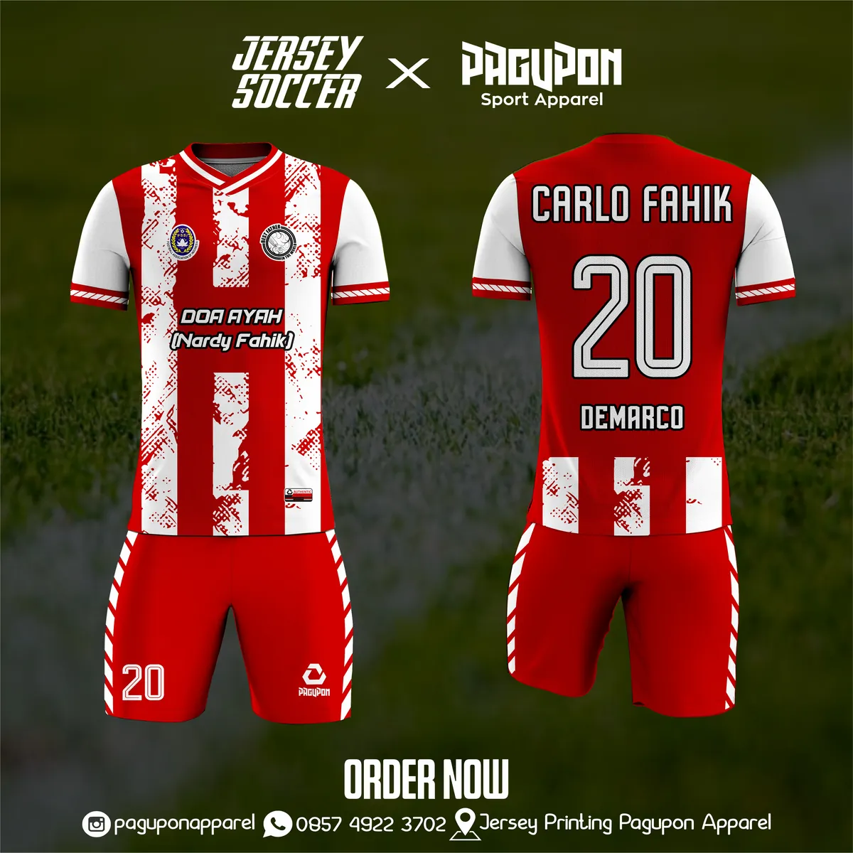 Jersey sepak bola custom Bahateu FC Putih, warna putih biru oranye, kerah O-Neck, tampak depan dan belakang, varian 5