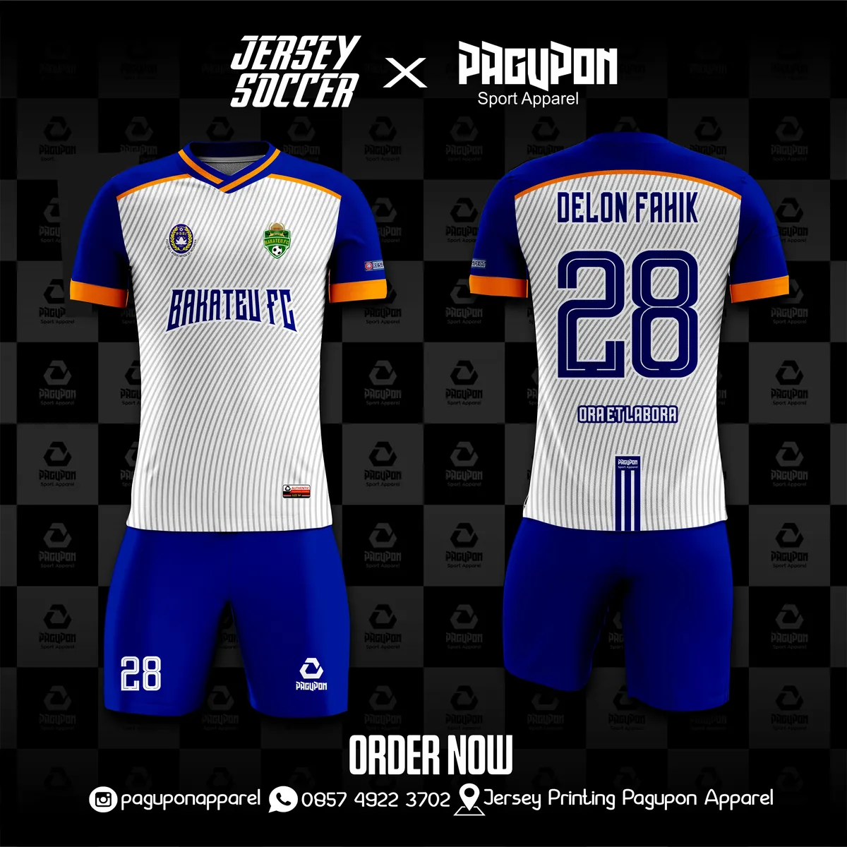 Jersey sepak bola custom Bahateu FC Putih, warna putih biru oranye, kerah O-Neck, tampak depan dan belakang, varian 6