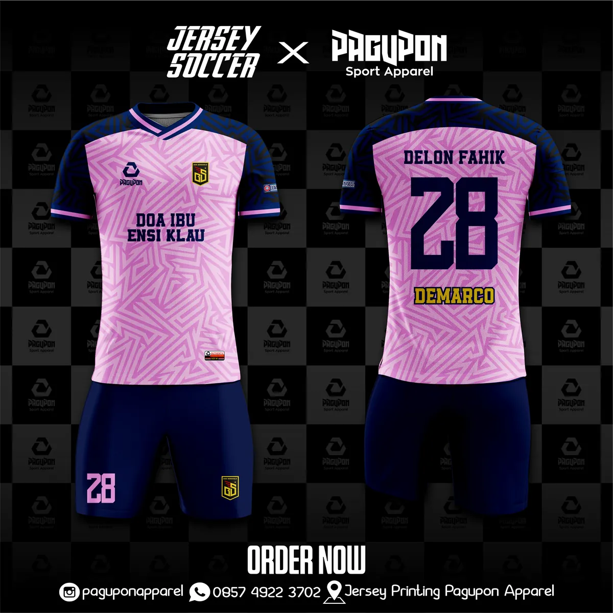 Jersey sepak bola custom Bahateu FC Putih, warna putih biru oranye, kerah O-Neck, tampak depan dan belakang, varian 7