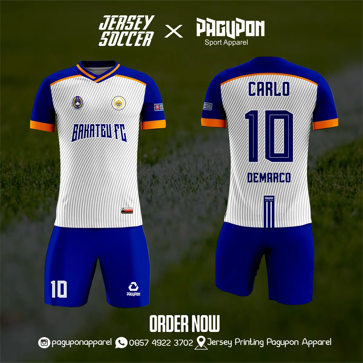 Jersey sepak bola custom Bahateu FC Putih, warna putih biru oranye, kerah O-Neck, tampak depan dan belakang