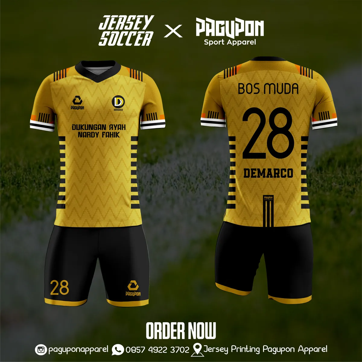 Jersey sepak bola custom Doa Ayah Kuning, warna kuning hitam, kerah V-Neck, tampak depan dan belakang