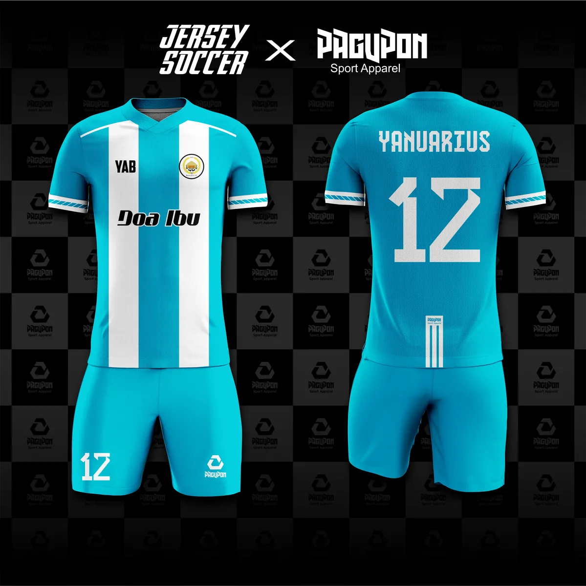 Jersey sepak bola custom Doa Ibu Biru Muda, warna biru muda putih, kerah V-Neck, tampak depan dan belakang