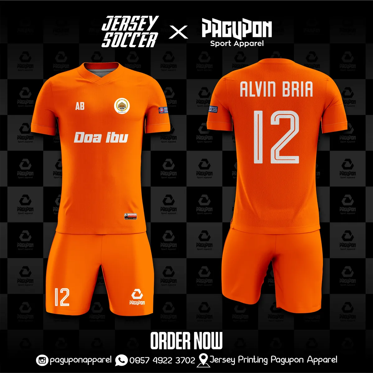 Jersey sepak bola custom Doa Ibu Oranye, warna oranye putih, kerah V-Neck, tampak depan dan belakang