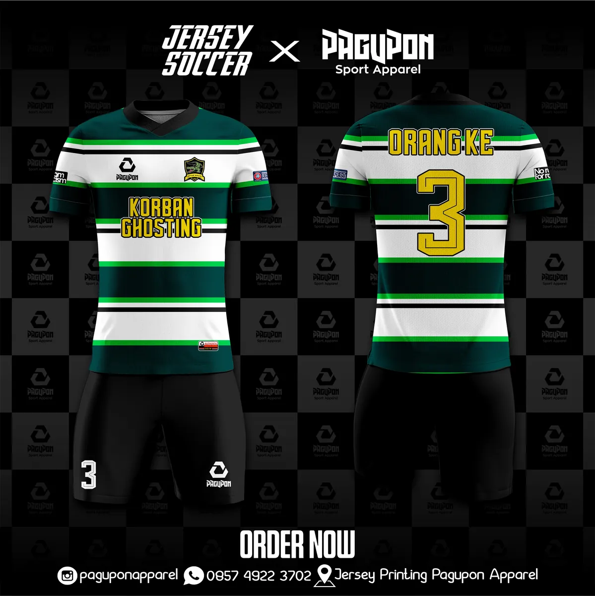 Jersey sepak bola custom Korban Ghosting Hijau, warna hijau putih, kerah V-Neck, tampak depan dan belakang