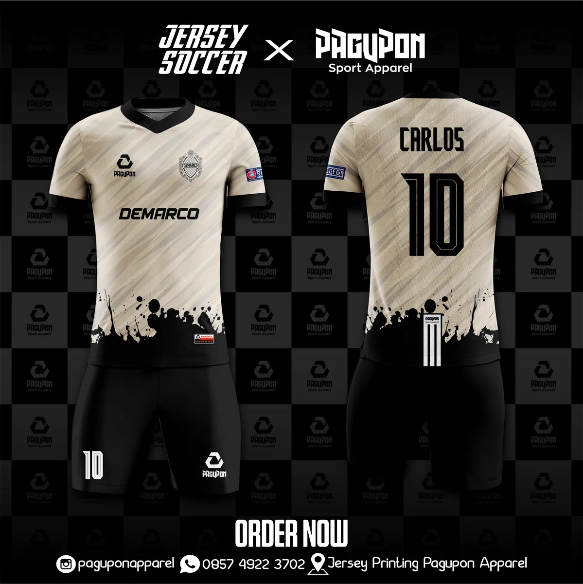 Jersey sepak bola custom Demarco Krem, warna krem hitam, kerah V-Neck, tampak depan dan belakang