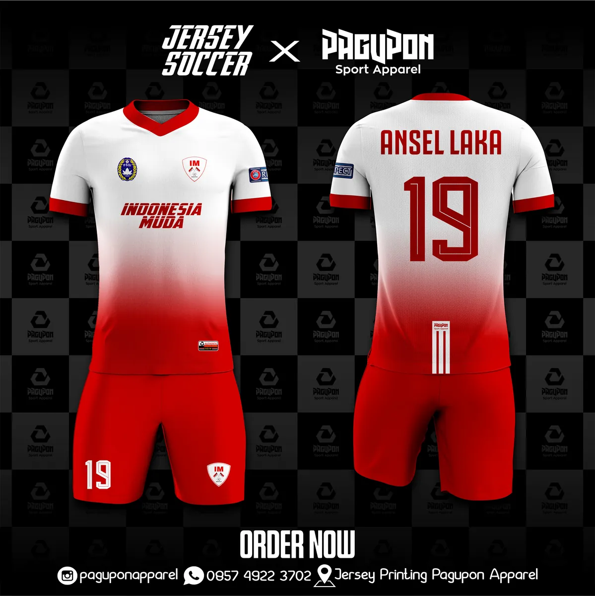 Jersey sepak bola custom Indonesia Muda Putih, warna putih merah, kerah V-Neck, tampak depan dan belakang