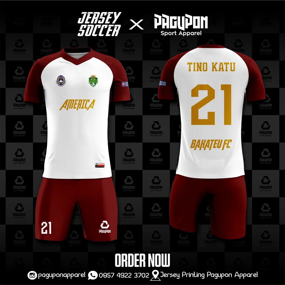 Jersey sepak bola custom Bahateu FC Putih Maroon, warna putih maroon, kerah V-Neck, tampak depan dan belakang