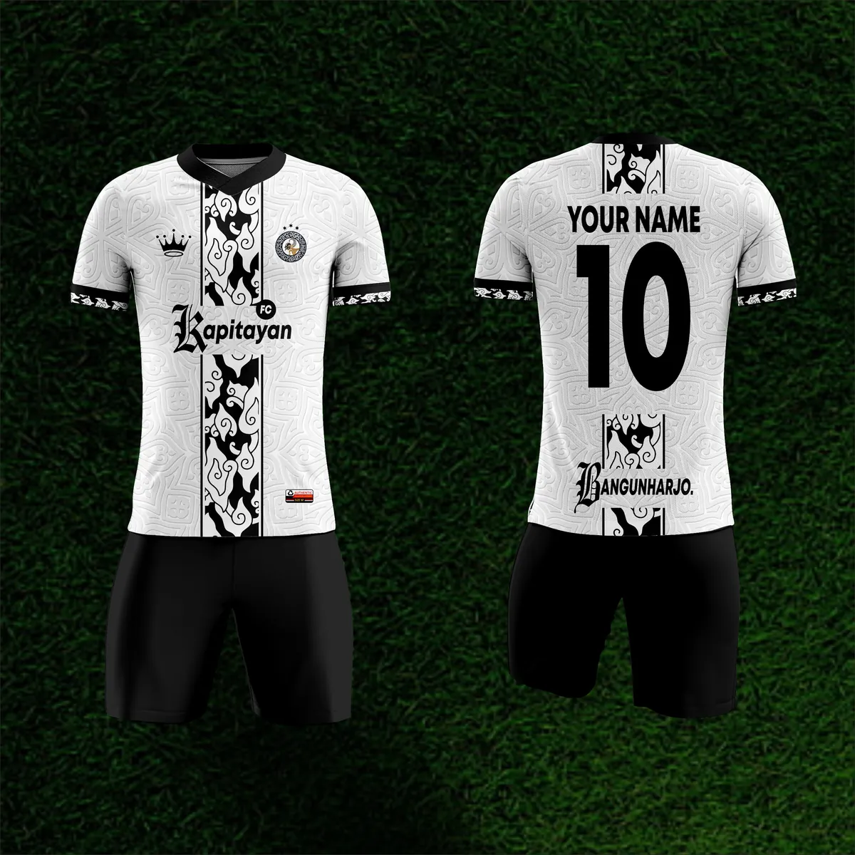 Jersey sepak bola custom Kapitayan FC Navy, warna navy putih, kerah O-Neck, tampak depan dan belakang, varian 2