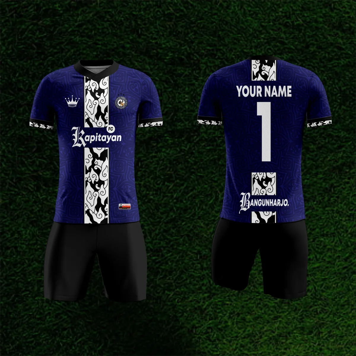 Jersey sepak bola custom Kapitayan FC Navy, warna navy putih, kerah O-Neck, tampak depan dan belakang