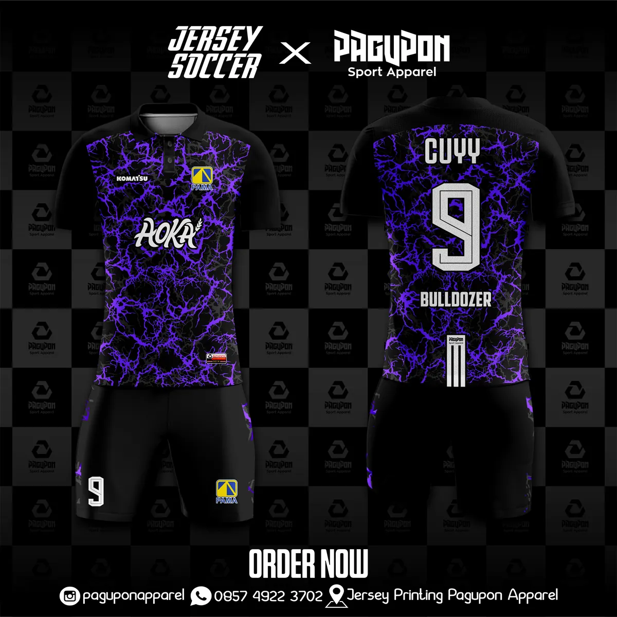 Jersey sepak bola custom Aoka Ungu, warna ungu hitam, kerah O-Neck, tampak depan dan belakang