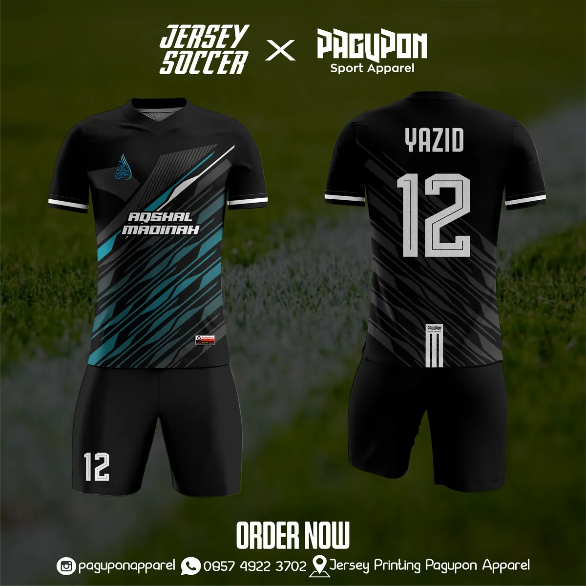 Jersey sepak bola custom Aqshal Madinah Hitam, warna hitam tosca, kerah V-Neck, tampak depan dan belakang