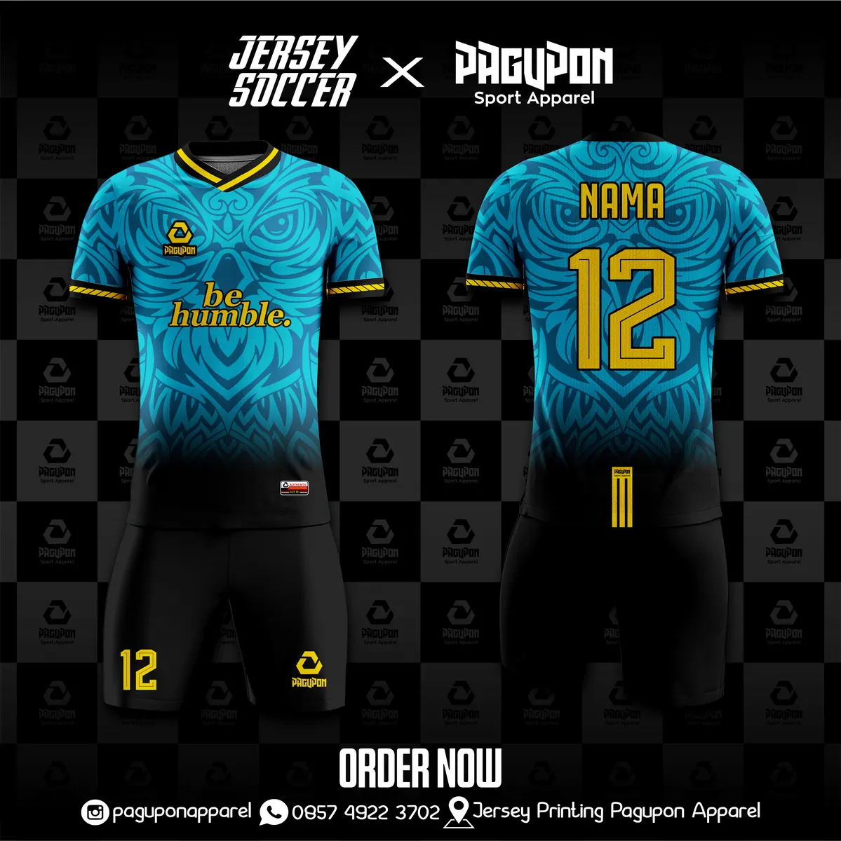 Jersey sepak bola custom Be Humble Owl Biru Muda, warna biru muda hitam kuning, kerah V-Neck, tampak depan dan belakang