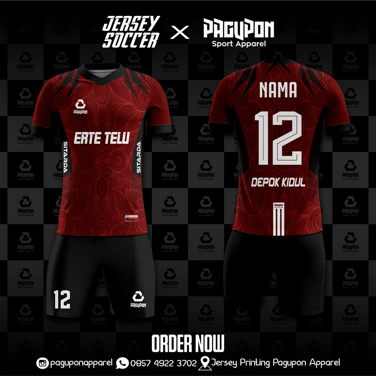 Jersey sepak bola custom Erte Telu Maroon, warna maroon hitam, kerah V-Neck, tampak depan dan belakang