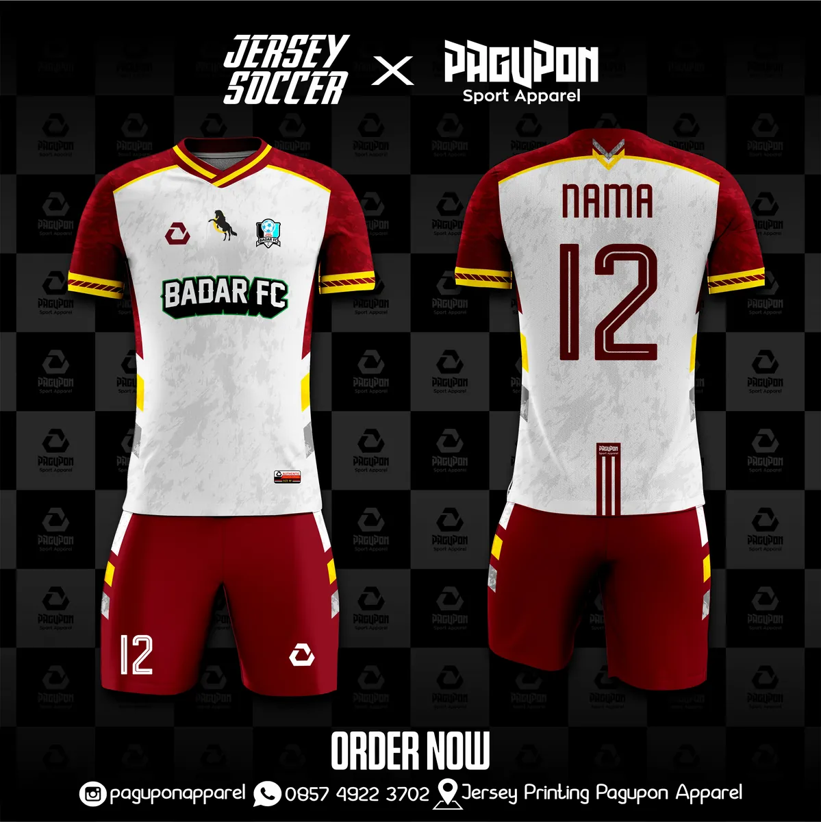 Jersey sepak bola custom Badar FC Putih, warna putih maroon, kerah V-Neck, tampak depan dan belakang