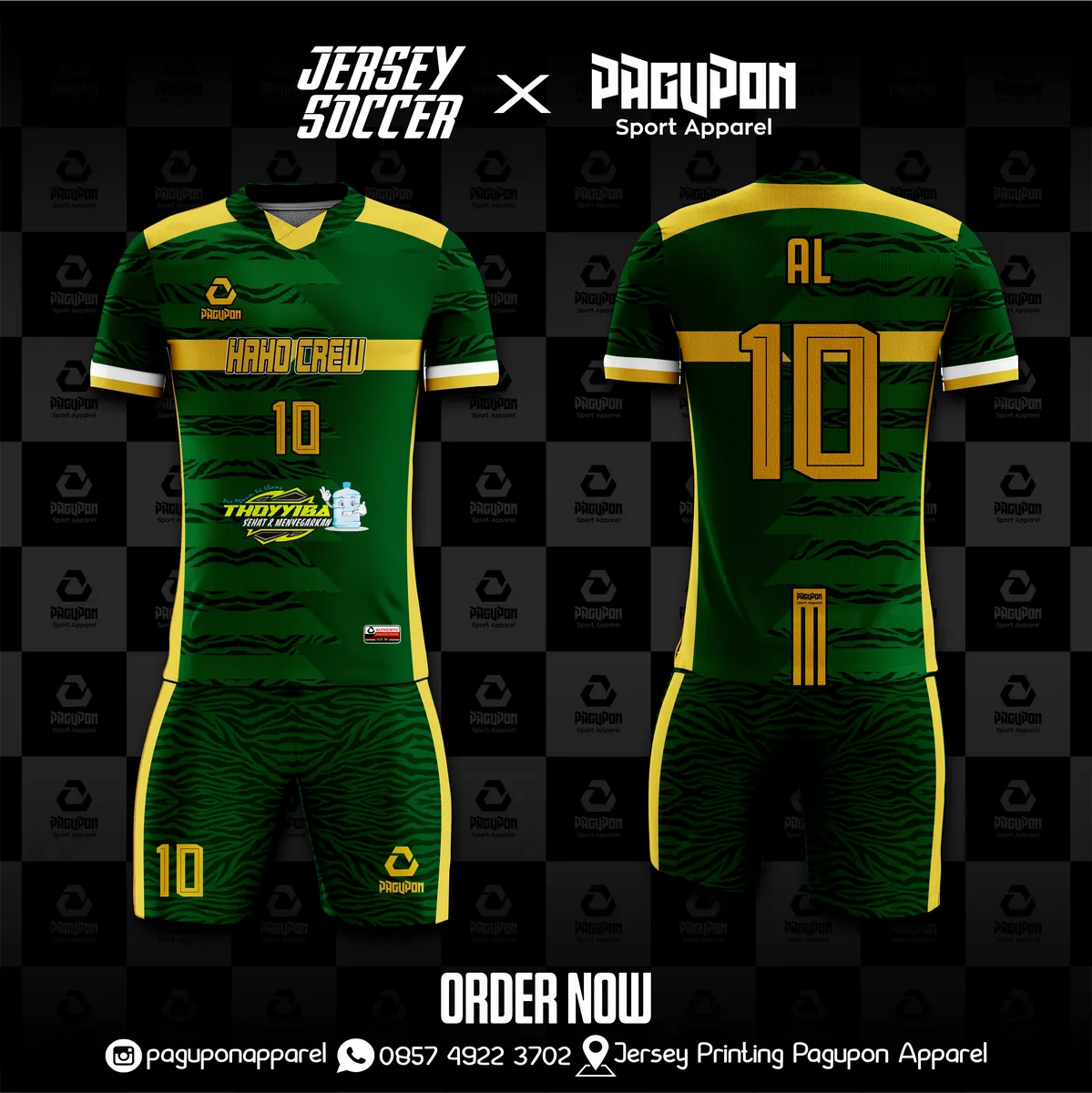 Jersey sepak bola custom Hardcrew Hijau, warna hijau kuning, kerah V-Neck, tampak depan dan belakang