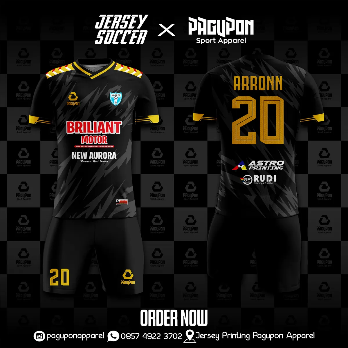 Jersey sepak bola custom New Aurora Hitam, warna hitam kuning, kerah V-Neck, tampak depan dan belakang, varian 2